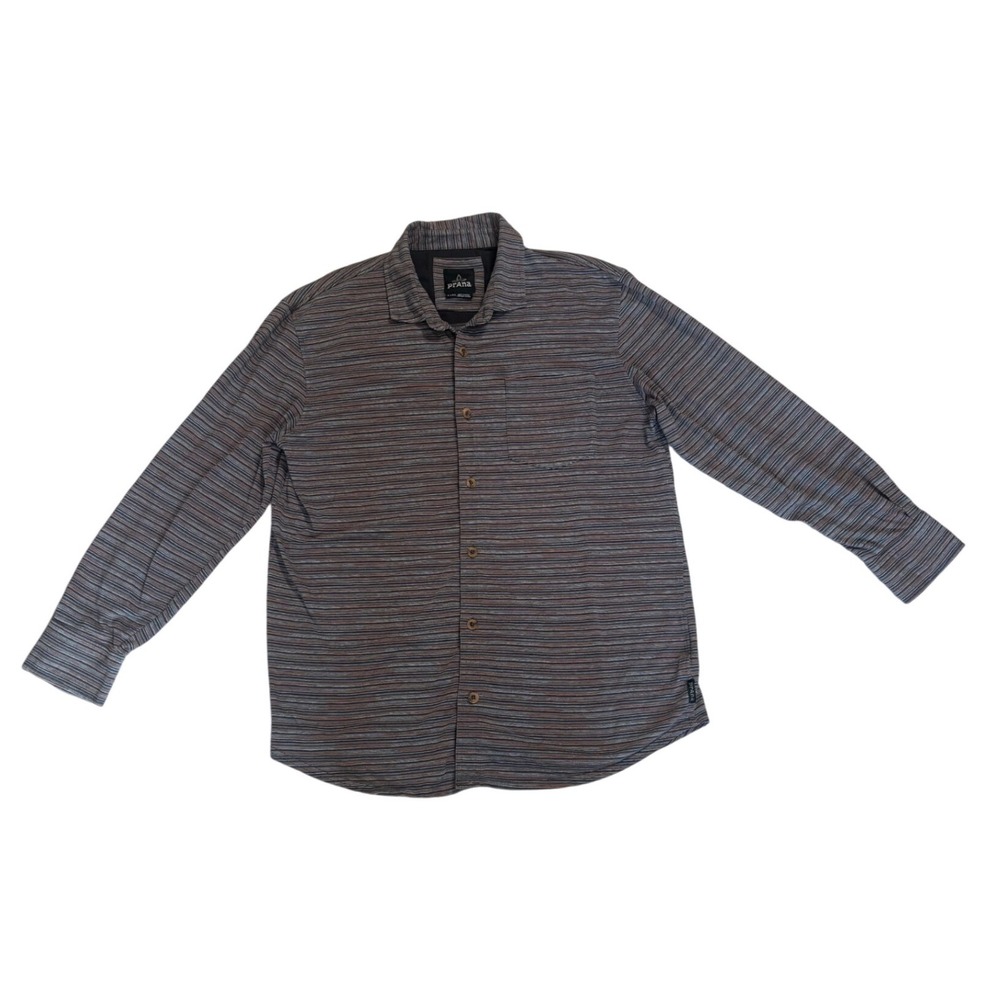 Prana Mens Large Jerrod Stripe Button Down Shirt Grey Blue M2JERR316 L